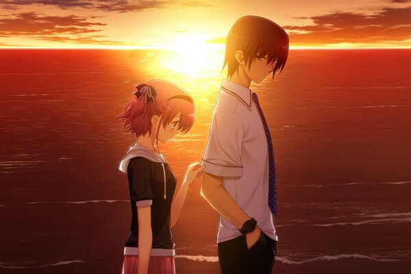 Anime couple on sunset background