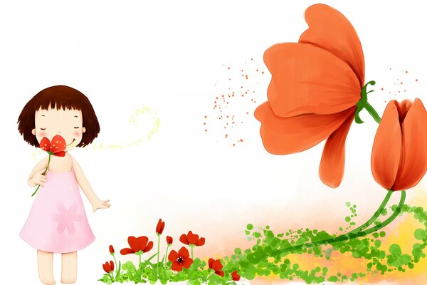 Little Japanese girl and flowers