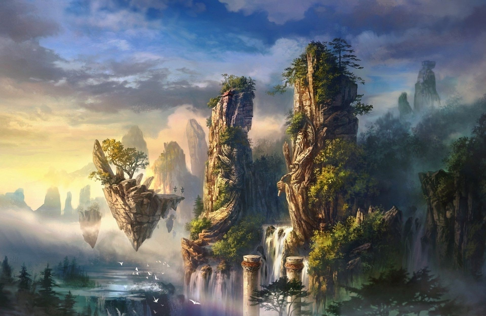 fantasy eau voyage paysage aube coucher de soleil montagnes ciel nature à l extérieur arbre rivière brouillard