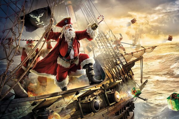 Papá Noel como un pirata en un barco