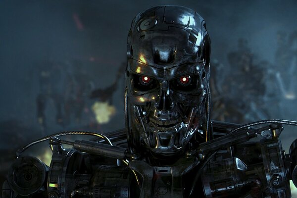 Primo piano di Terminator con occhi ardenti