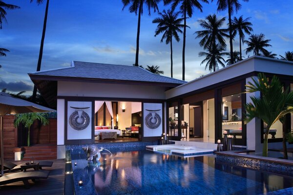 Swimming pool in the hotel with a luxurious interior