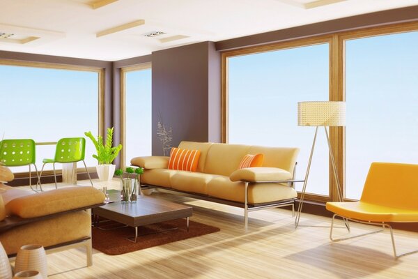 The interior of the hotel room with large windows from ceiling to floor