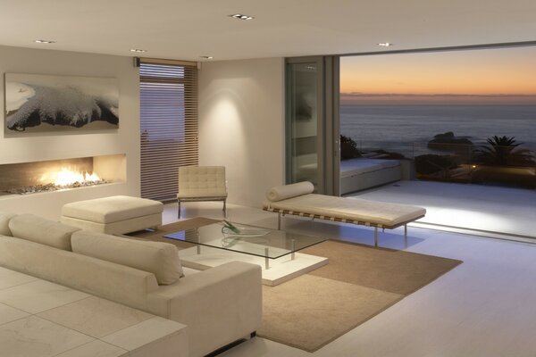 Upholstered furniture in a room by the sea