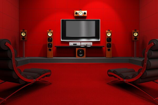 Modern, excellent interior. Minimalism on a red background