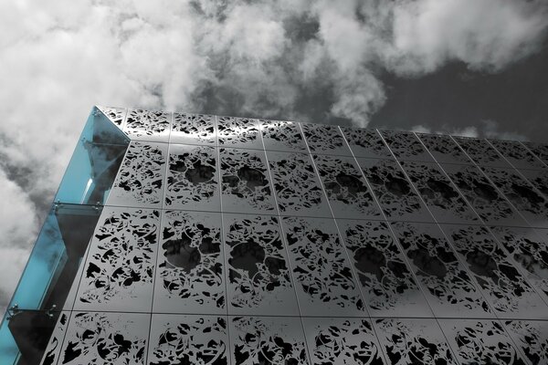 High-rise building with winter patterns on the windows