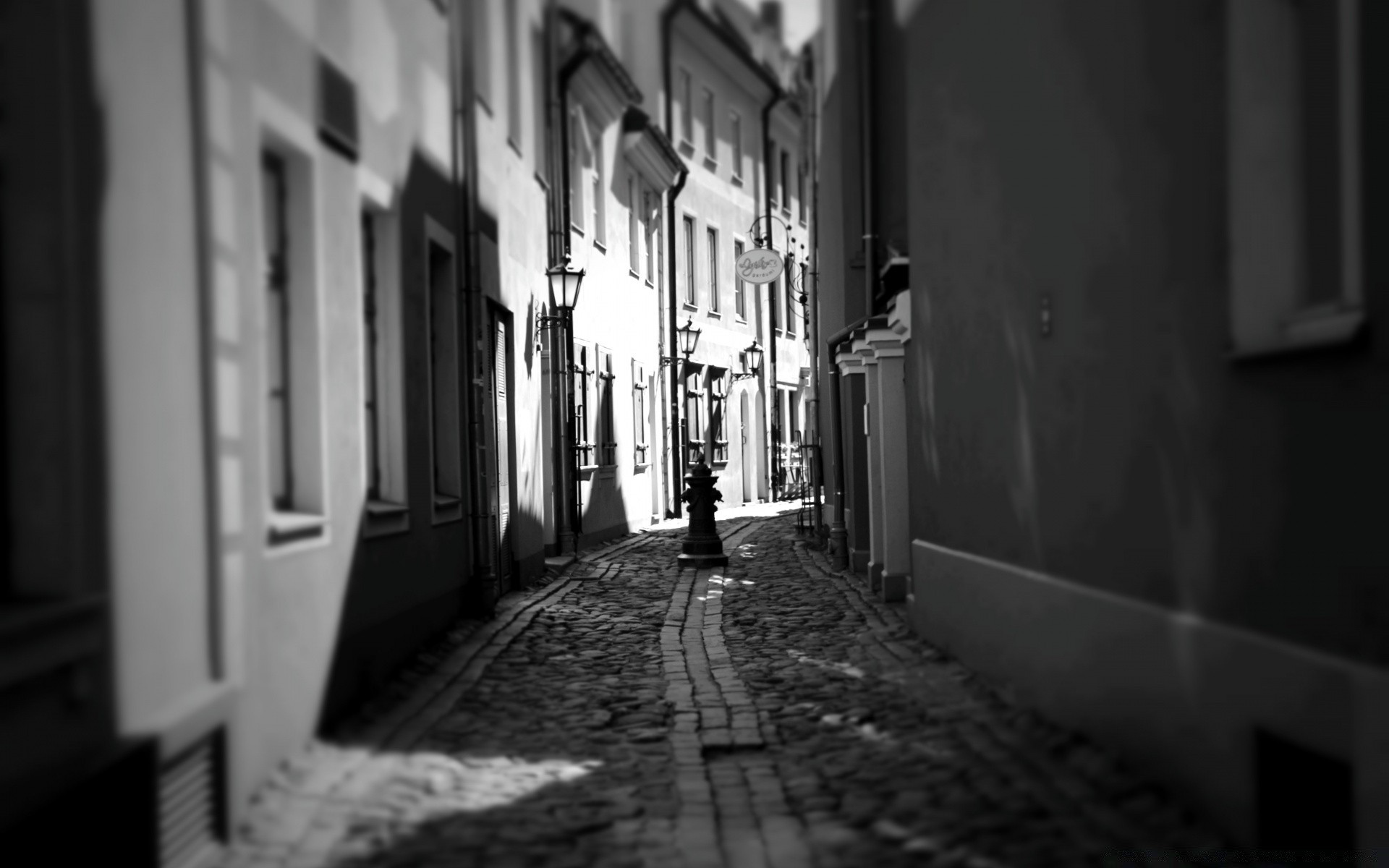 black and white street monochrome city window architecture alley shadow urban light old pavement door