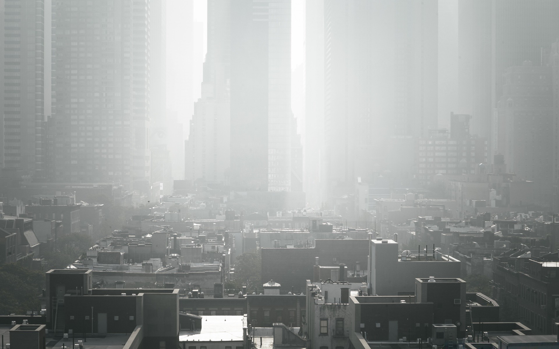 noir et blanc ville maison voiture architecture smog ville brouillard skyline système de transport gratte-ciel fumée pollution de l air