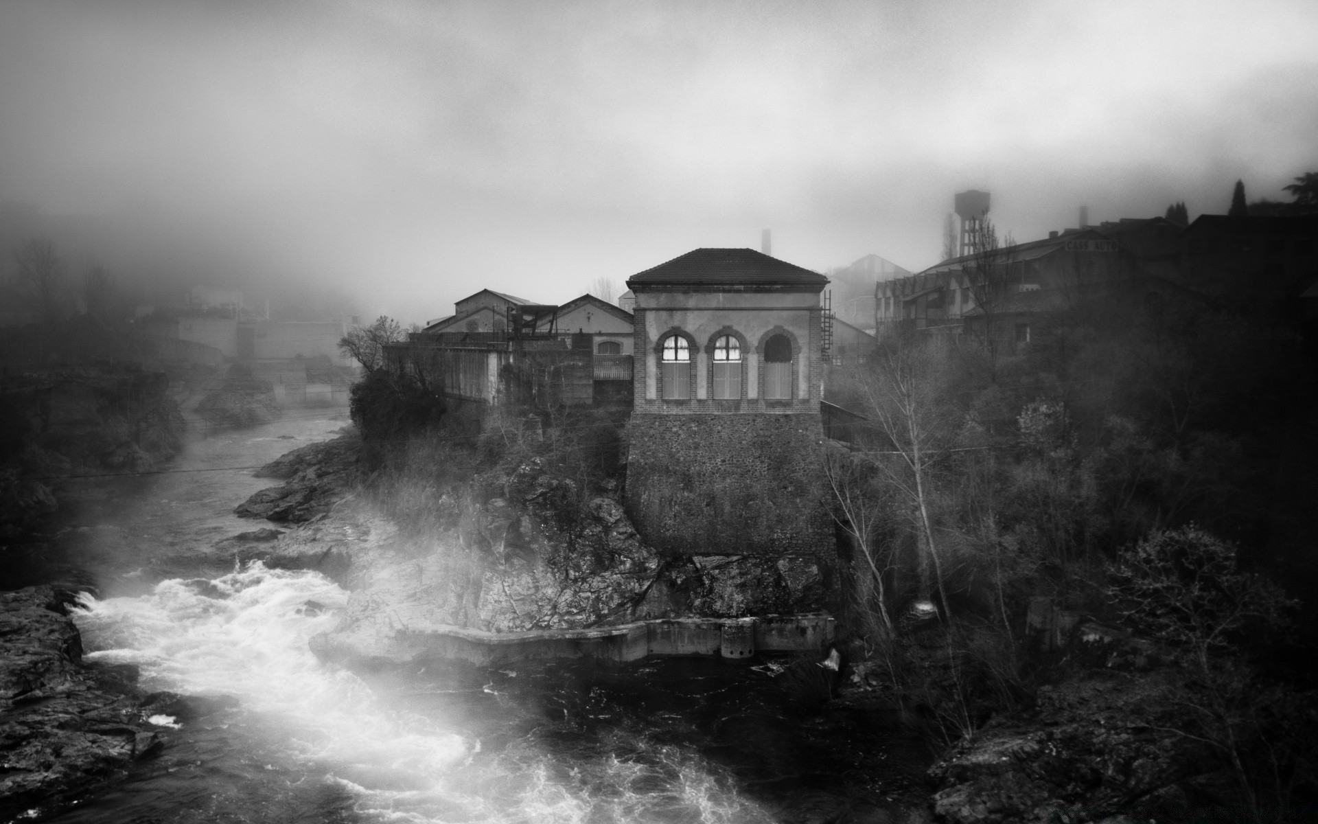 black and white fog mist landscape monochrome water dawn architecture