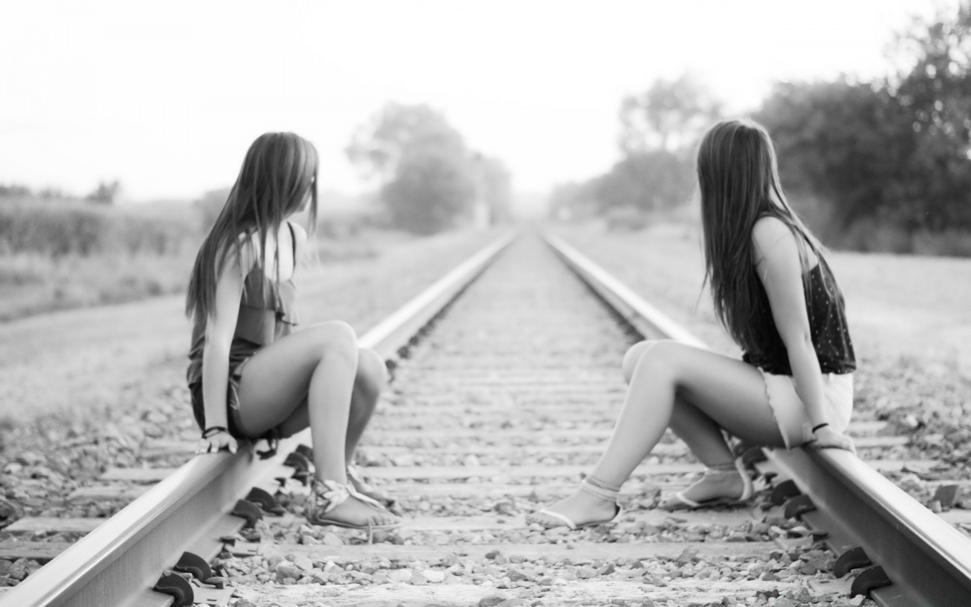 black and white girl woman travel monochrome summer train fashion nature portrait model one railway adult sexy beach leisure brunette