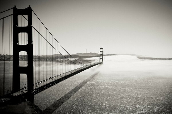 Black-and-white photo of the bridge over the river