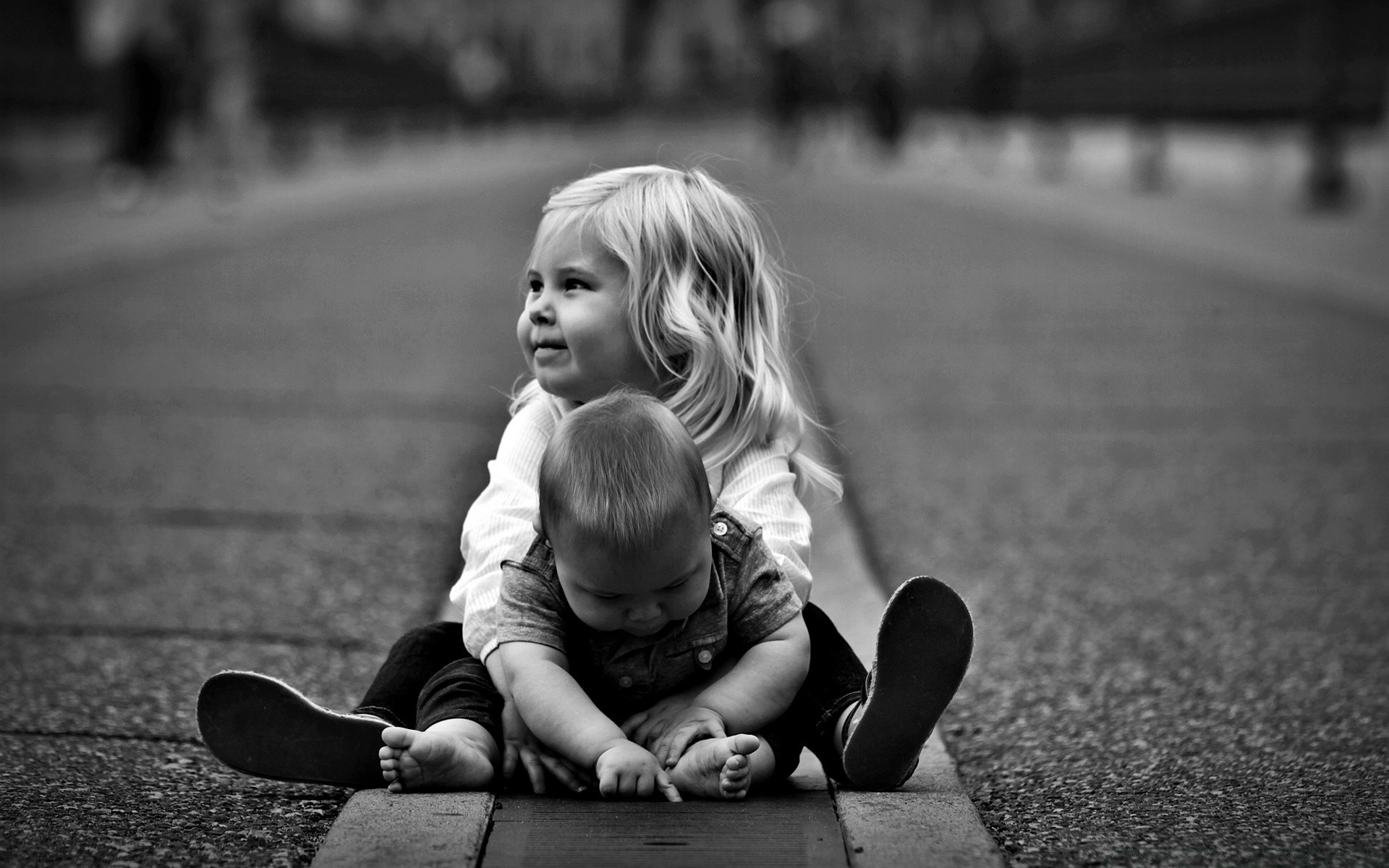 black and white child monochrome street portrait girl baby two park adult