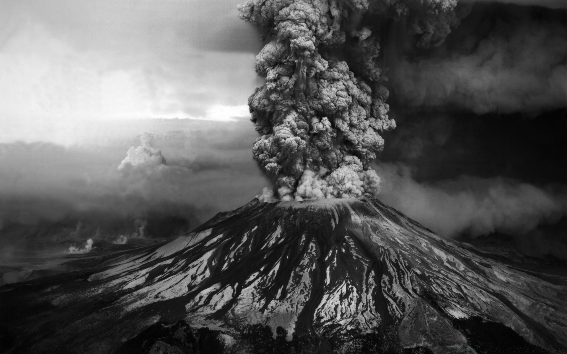 black and white mountain volcano snow eruption tree landscape outdoors nature travel monochrome water rock calamity