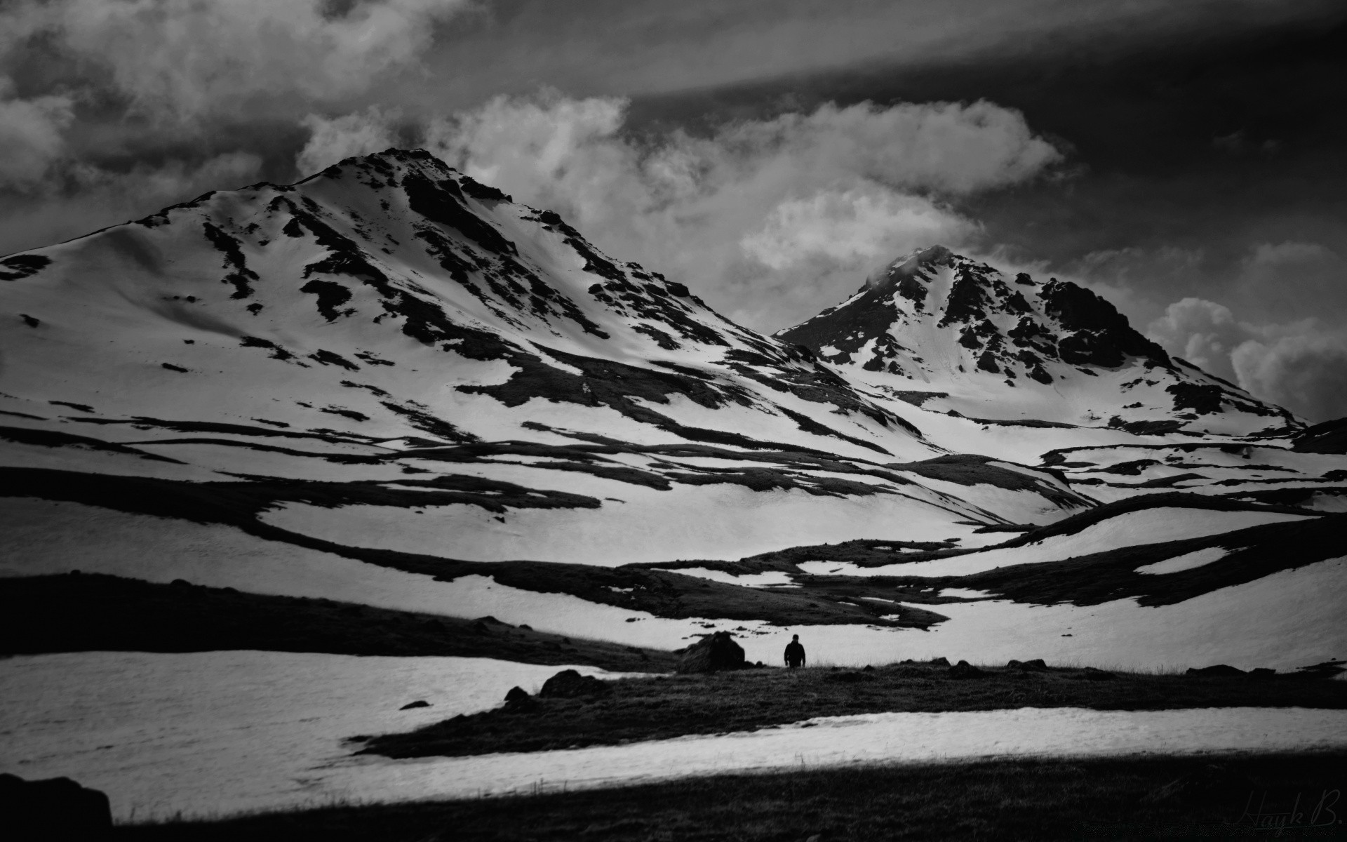 black and white landscape mountain snow volcano water lake sky travel nature monochrome scenic