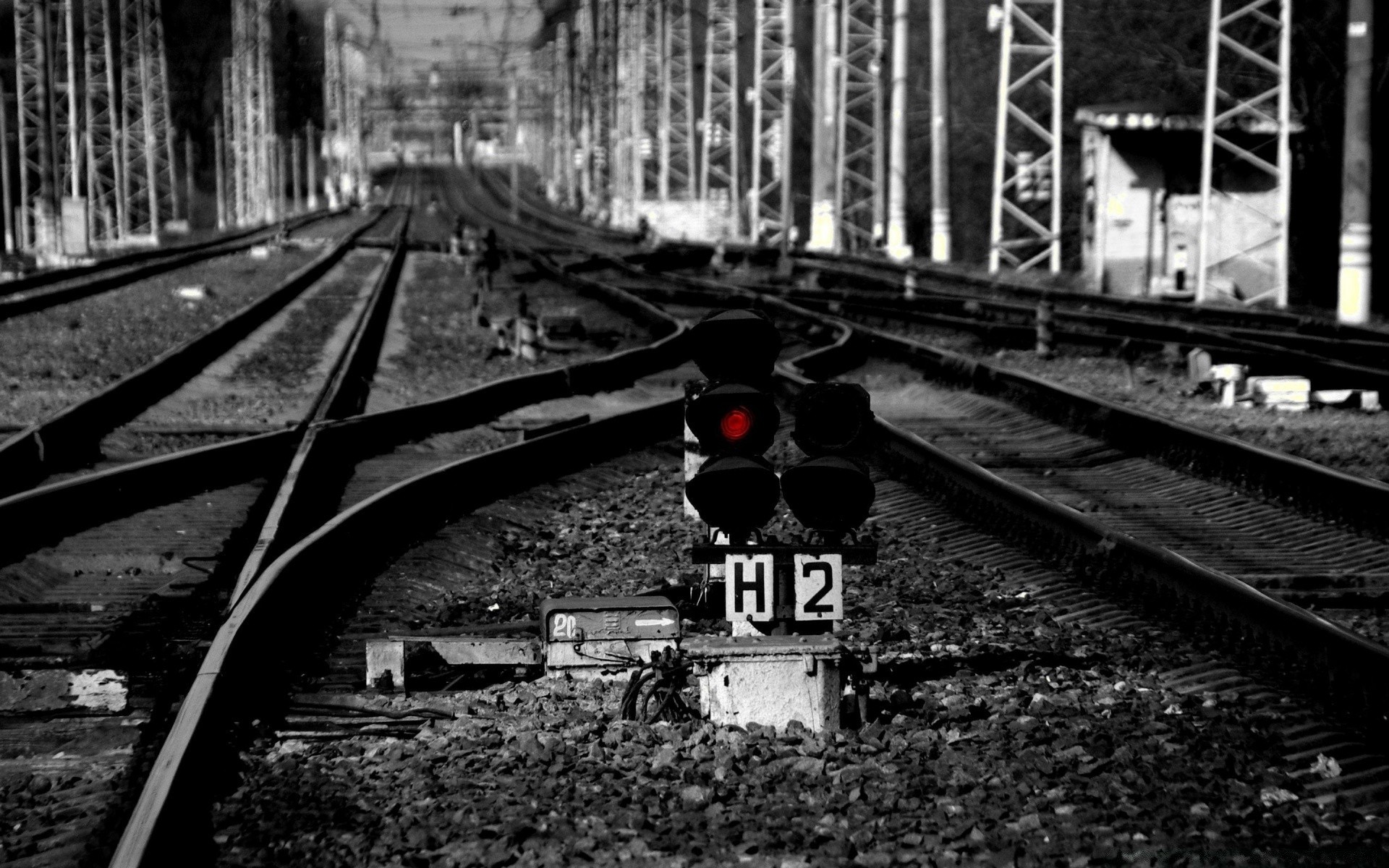 black and white railway train transportation system track road monochrome guidance traffic street light vehicle engine travel station dark