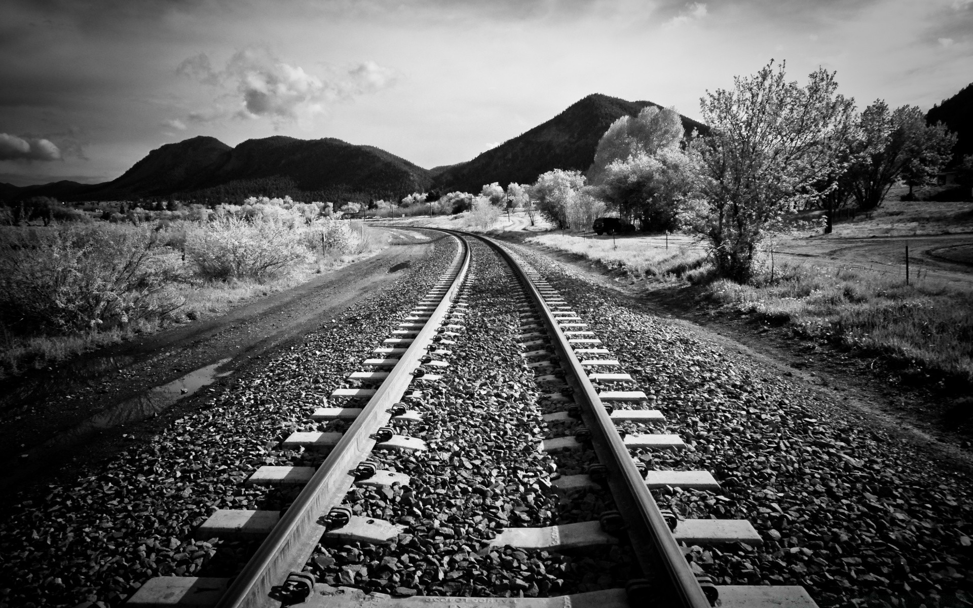 black and white railway transportation system train road monochrome guidance track travel vehicle