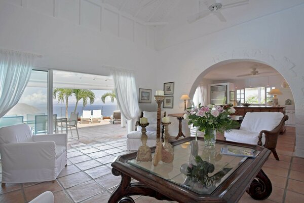 Stylish interior of the hotel on the seashore