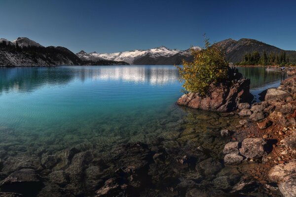 Lago de montaña con agua clara