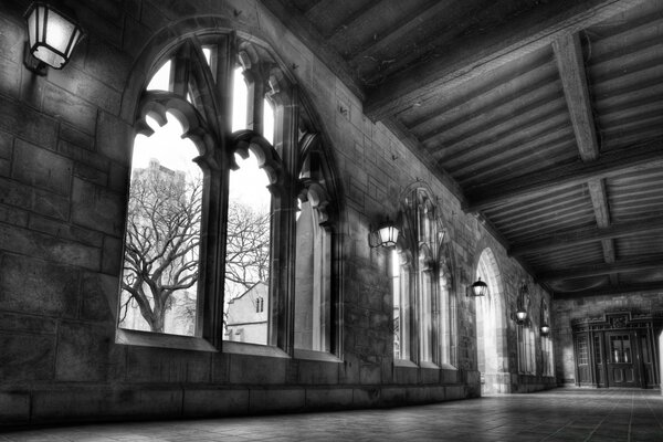 Black and white photo of the architecture of the old house