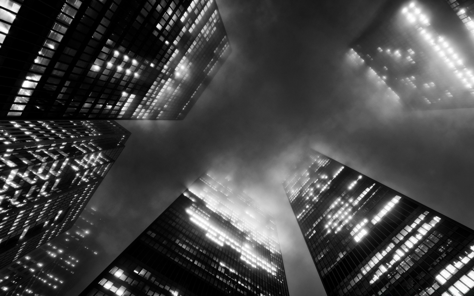 black and white monochrome city business abstract perspective futuristic technology blur financial finance architecture reflection