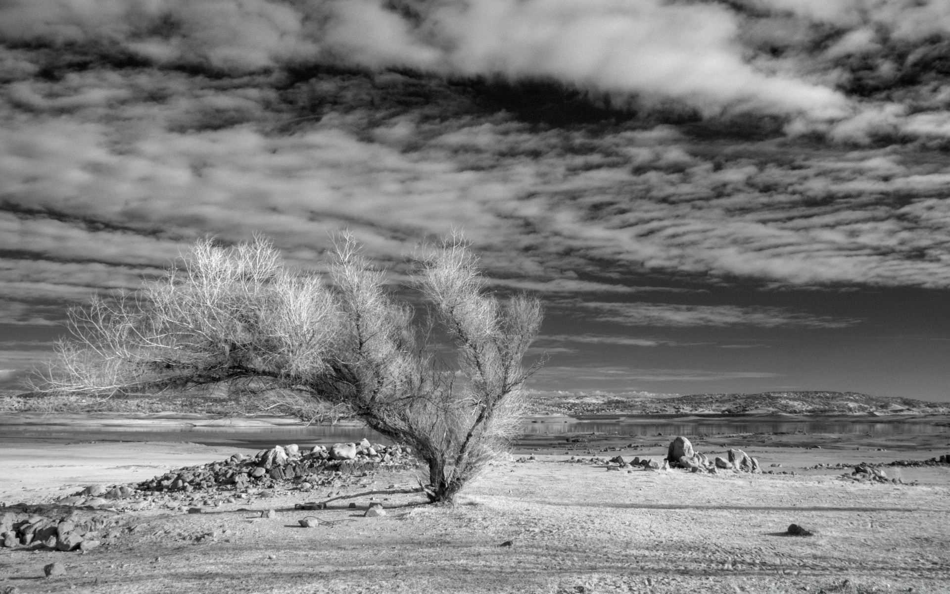 czarno-biały krajobraz woda monochromatyczny zima natura burza