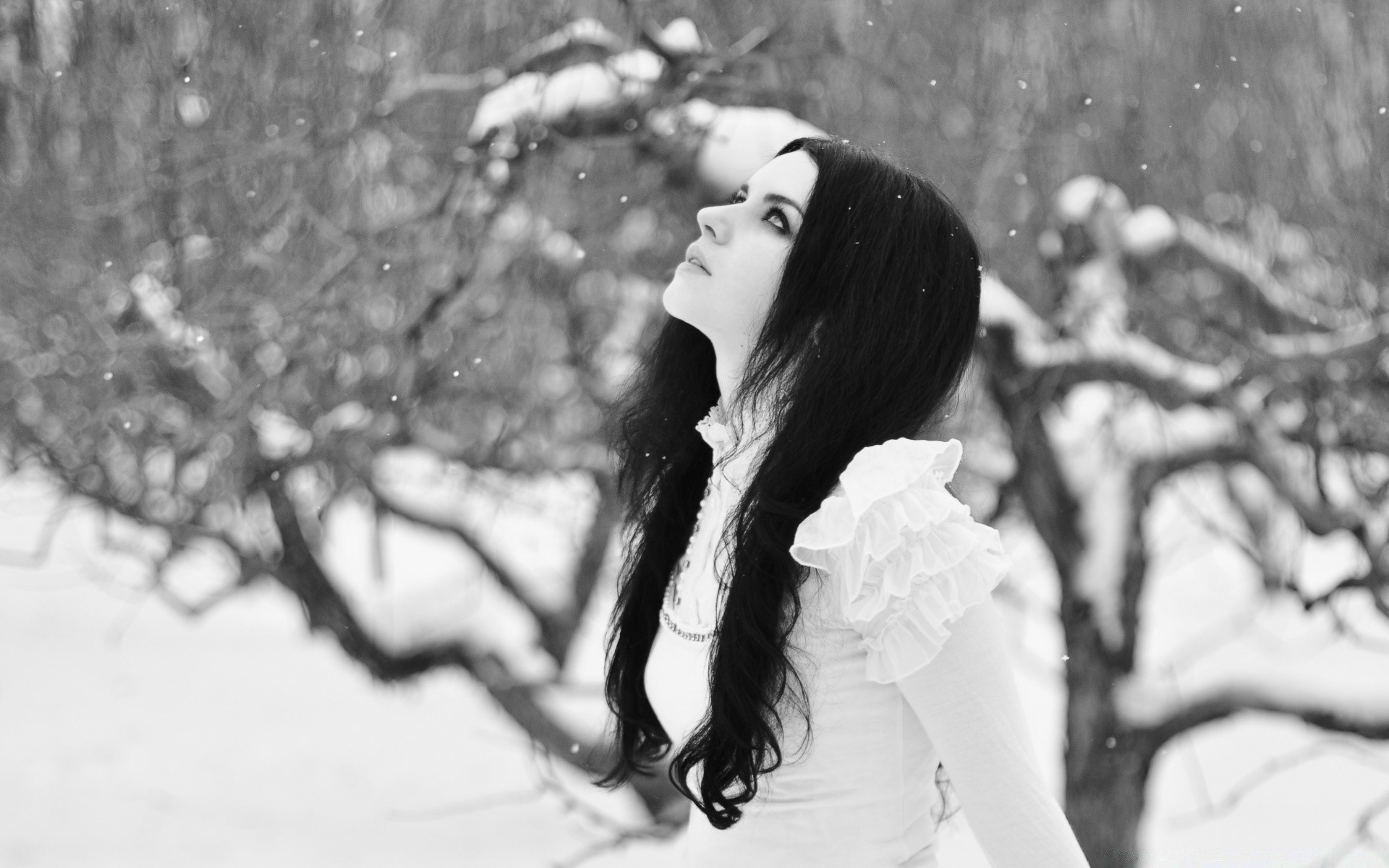 black and white girl portrait monochrome woman model fashion winter adult one beautiful snow nature face brunette smile hair fall cold