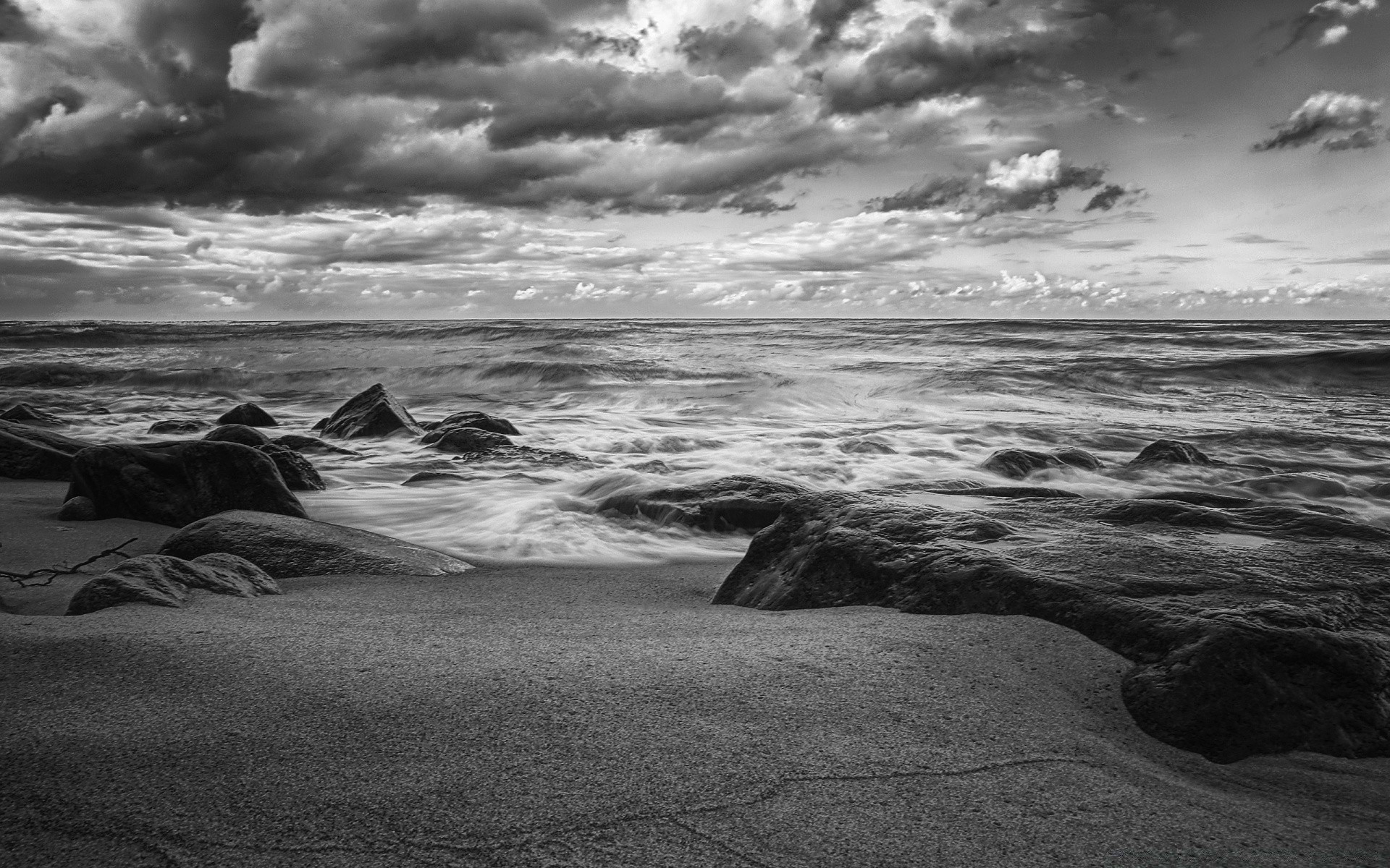 black and white beach storm ocean sea water seascape seashore monochrome landscape sunset surf dawn wave evening moody rock sky dramatic