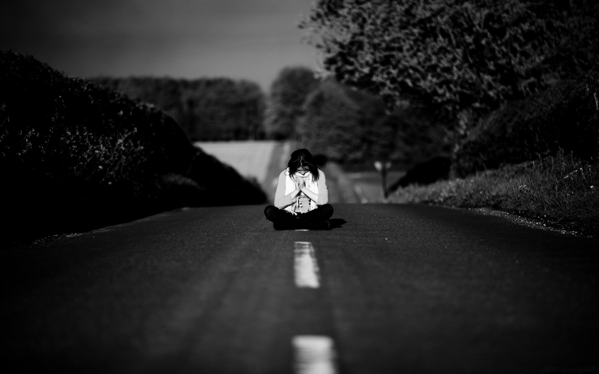 black and white monochrome street girl blur landscape shadow one light portrait tree adult woman road dark sunset