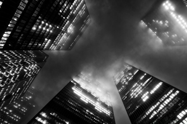 Tall skyscrapers in black and white light