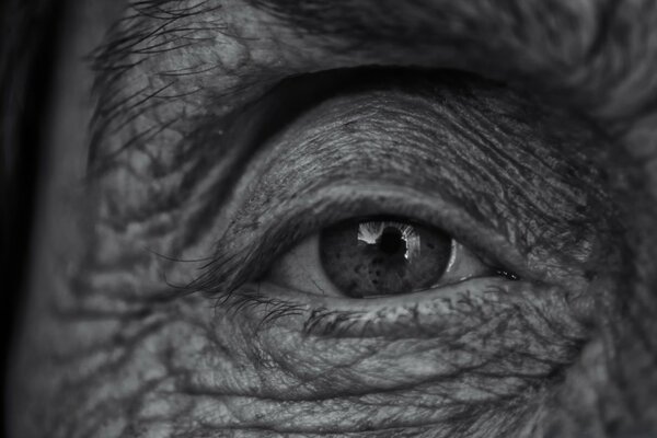 The eye of an elderly person in black and white