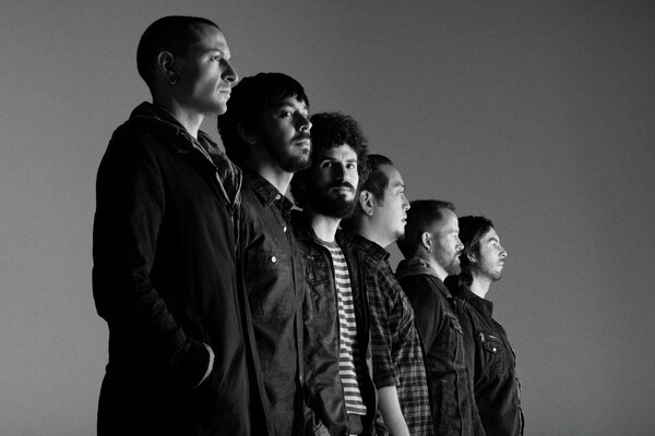 Black and white photo of the Linkin Park group