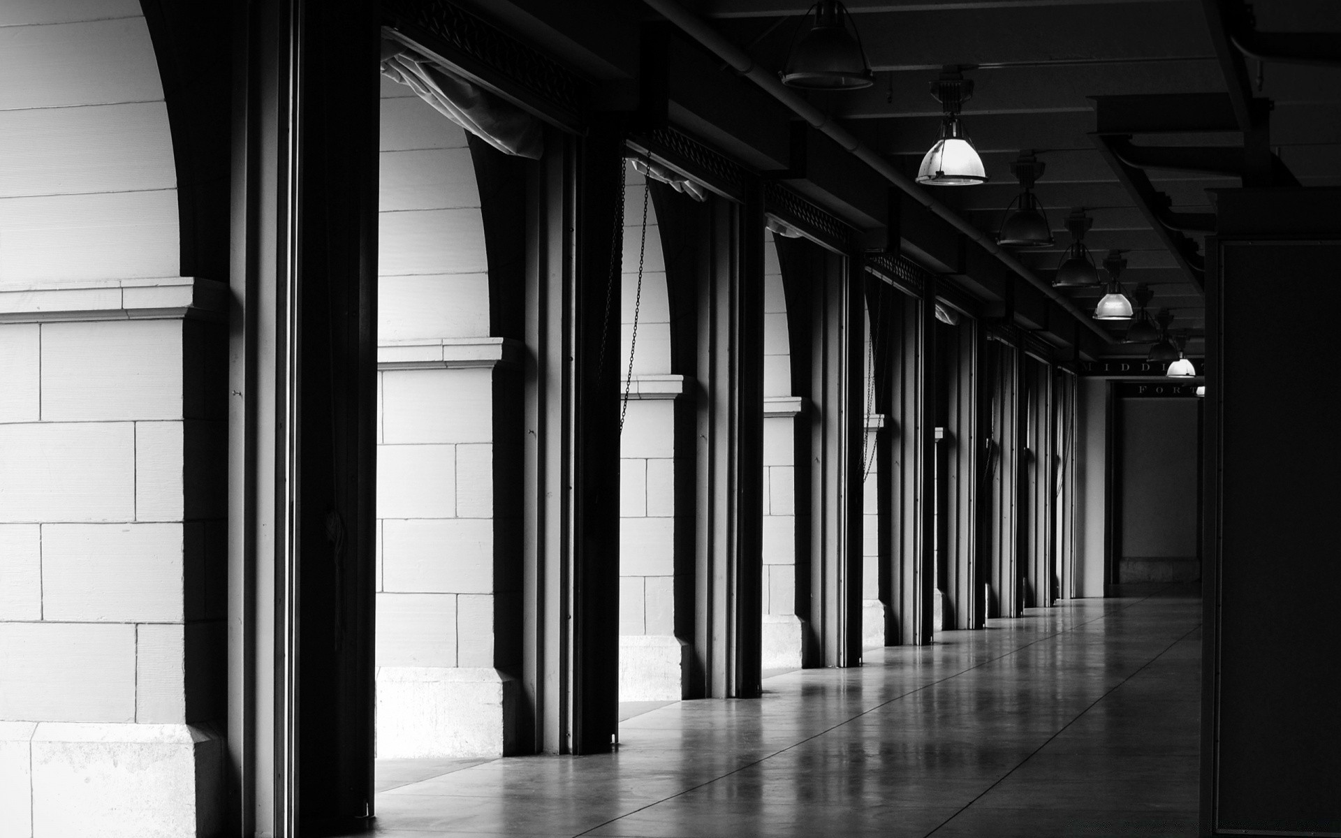 black and white architecture support column light room hallway monochrome indoors city