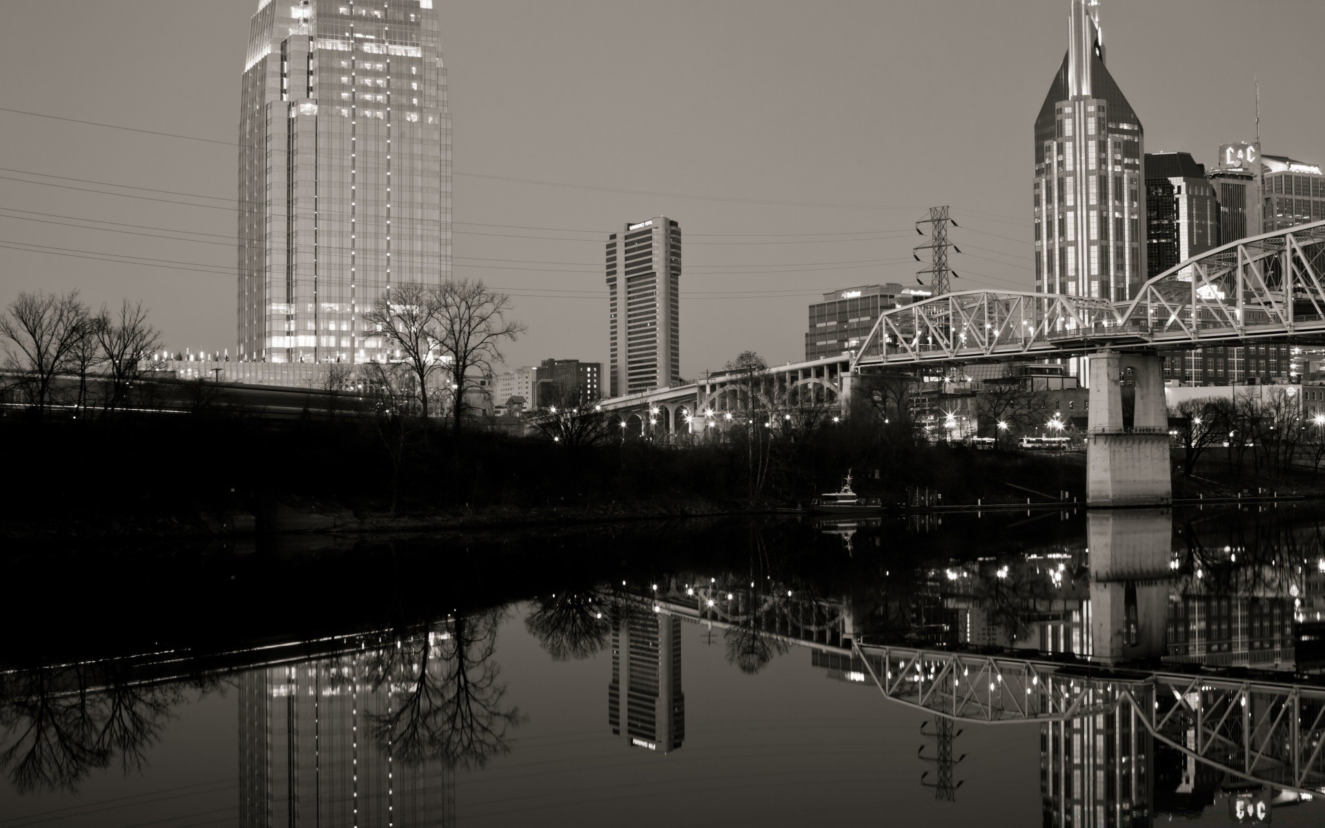 noir et blanc ville architecture rivière pont maison skyline ville eau réflexion urbain gratte-ciel tour voyage moderne ciel bureau monochrome affaires centre-ville