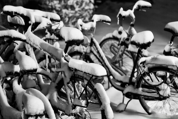 Black and white snow-covered bicycles