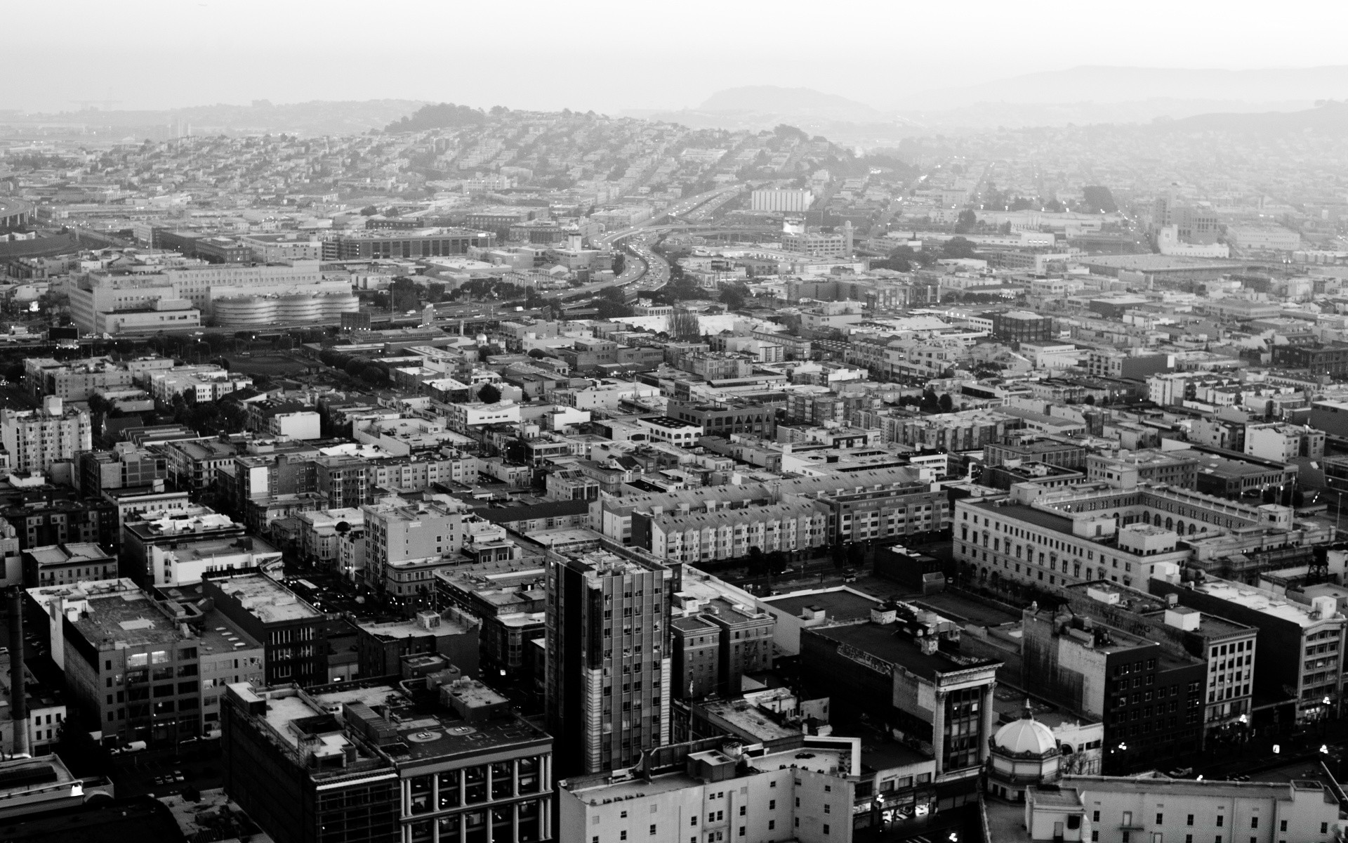 black and white city cityscape skyline architecture travel aerial town panoramic skyscraper horizontal sight transportation system