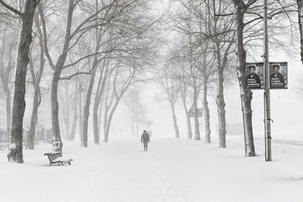 Walking man on the background of a winter landscape