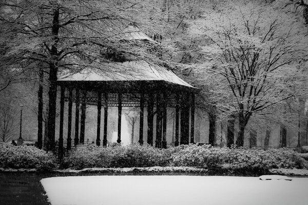 Cenador sombrío en un parque de nieve