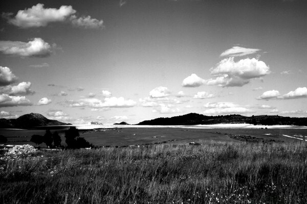 Champ autour du lac dans une image en noir et blanc