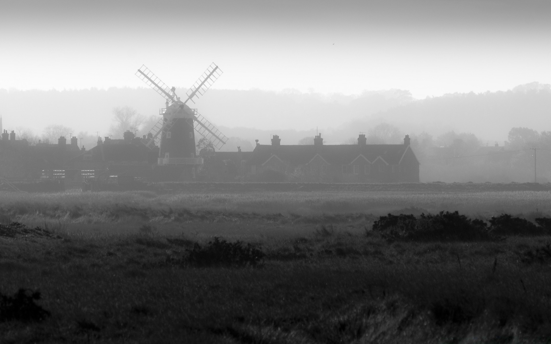 black and white windmill grinder wind landscape farm energy monochrome turbine nature environment sky tree fog cloud