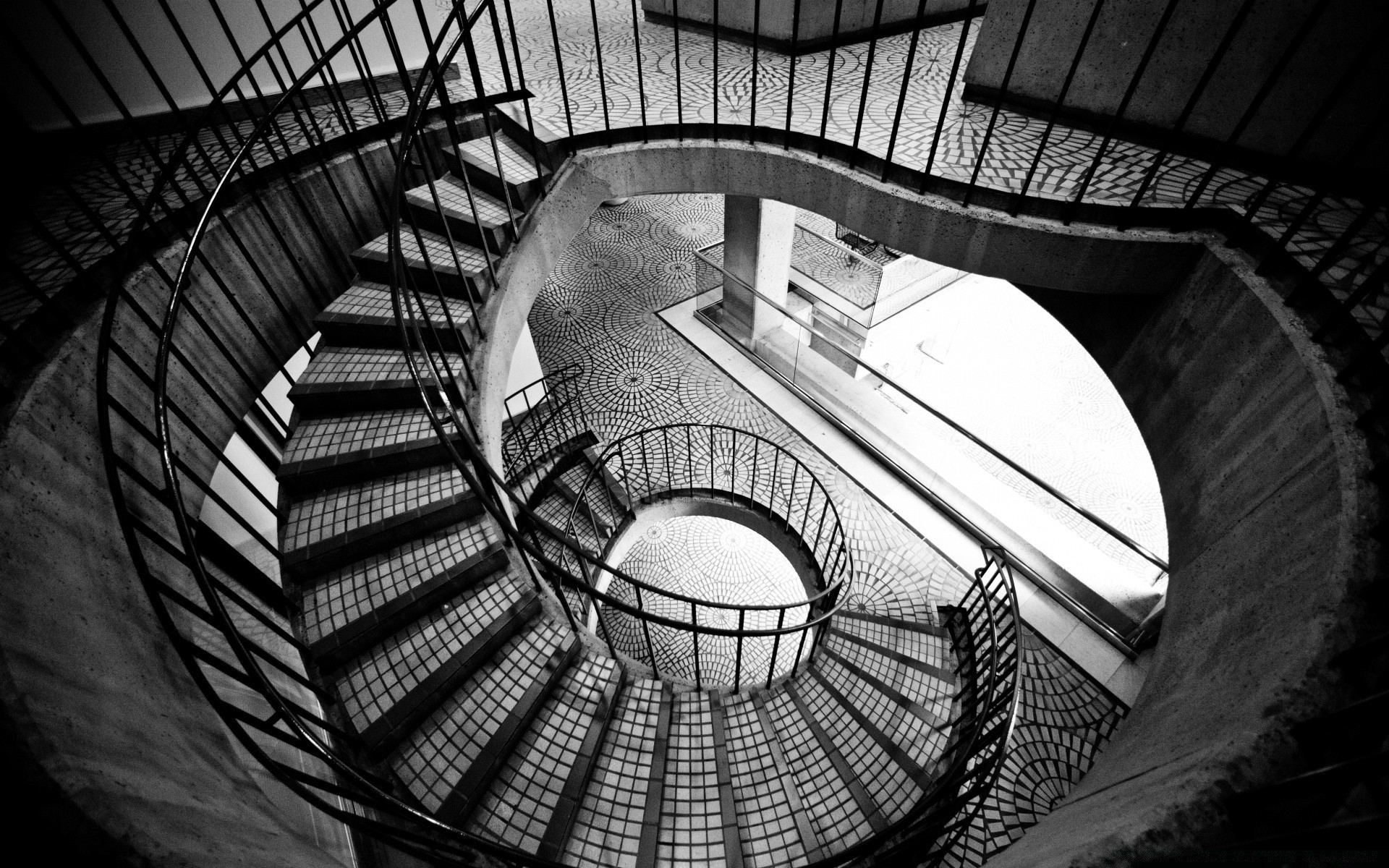 black and white step monochrome architecture design abstract light building perspective indoors art urban city pattern spiral modern