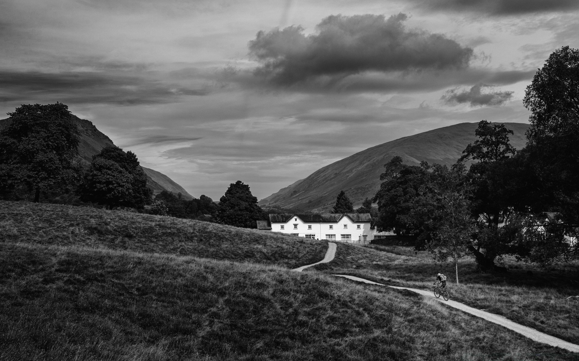 black and white landscape sky travel tree nature monochrome road mountain outdoors hill grass sunset scenic cloud