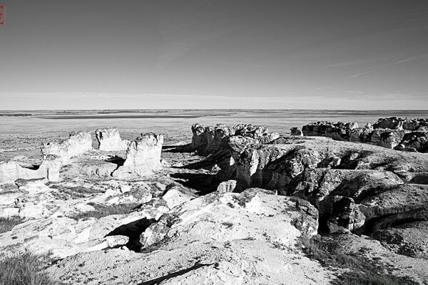 Black and white landscape of the rocky seashore