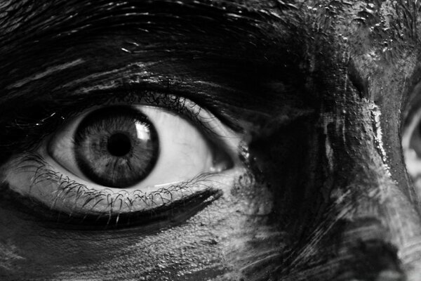 Black and white portrait with an image of an eyeball and eyelashes