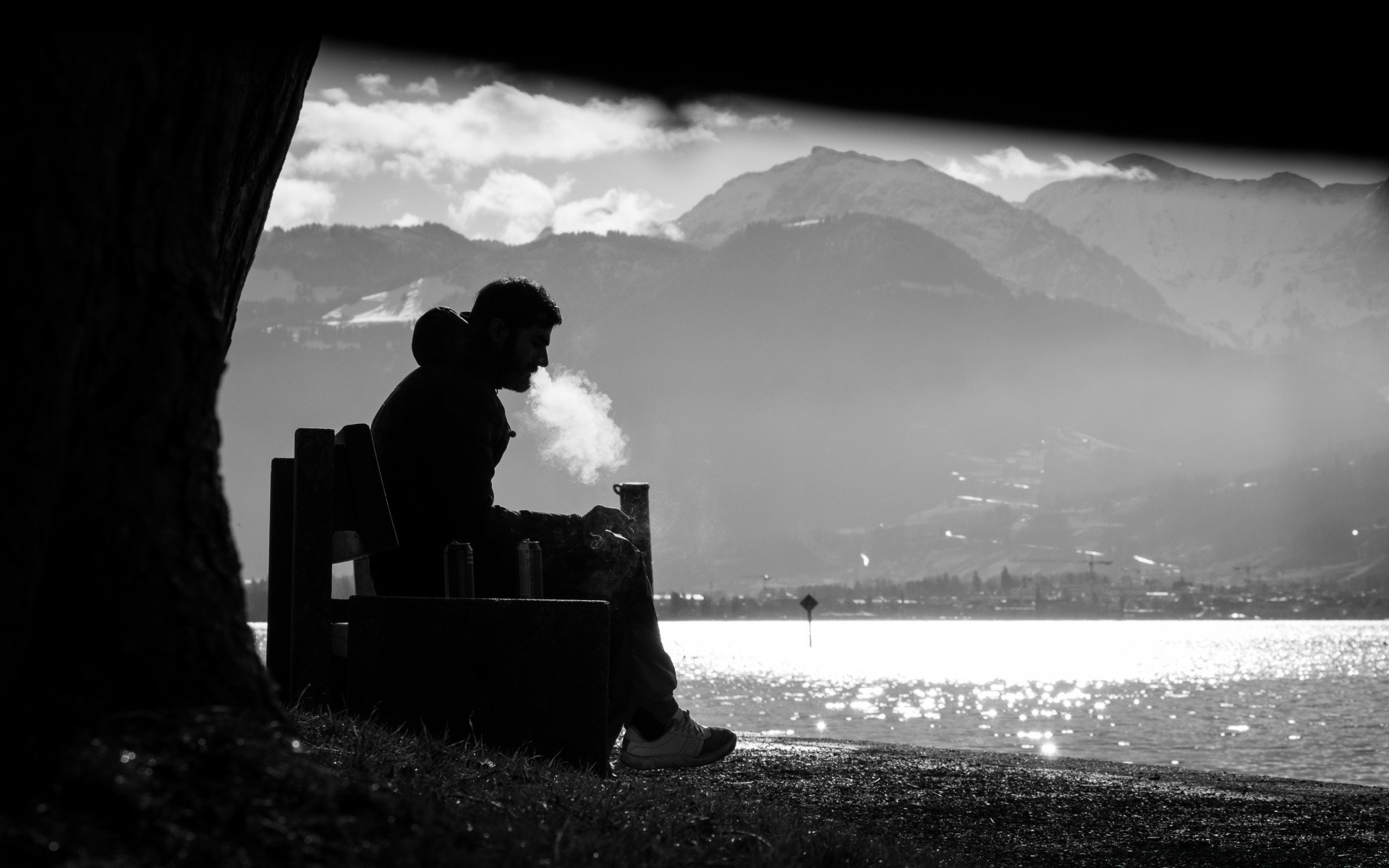 black and white lake silhouette landscape water monochrome backlit sunset dawn beach man two adult evening one shadow fog outdoors sky woman