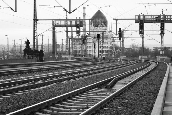 Black and white railway tracks, no trains