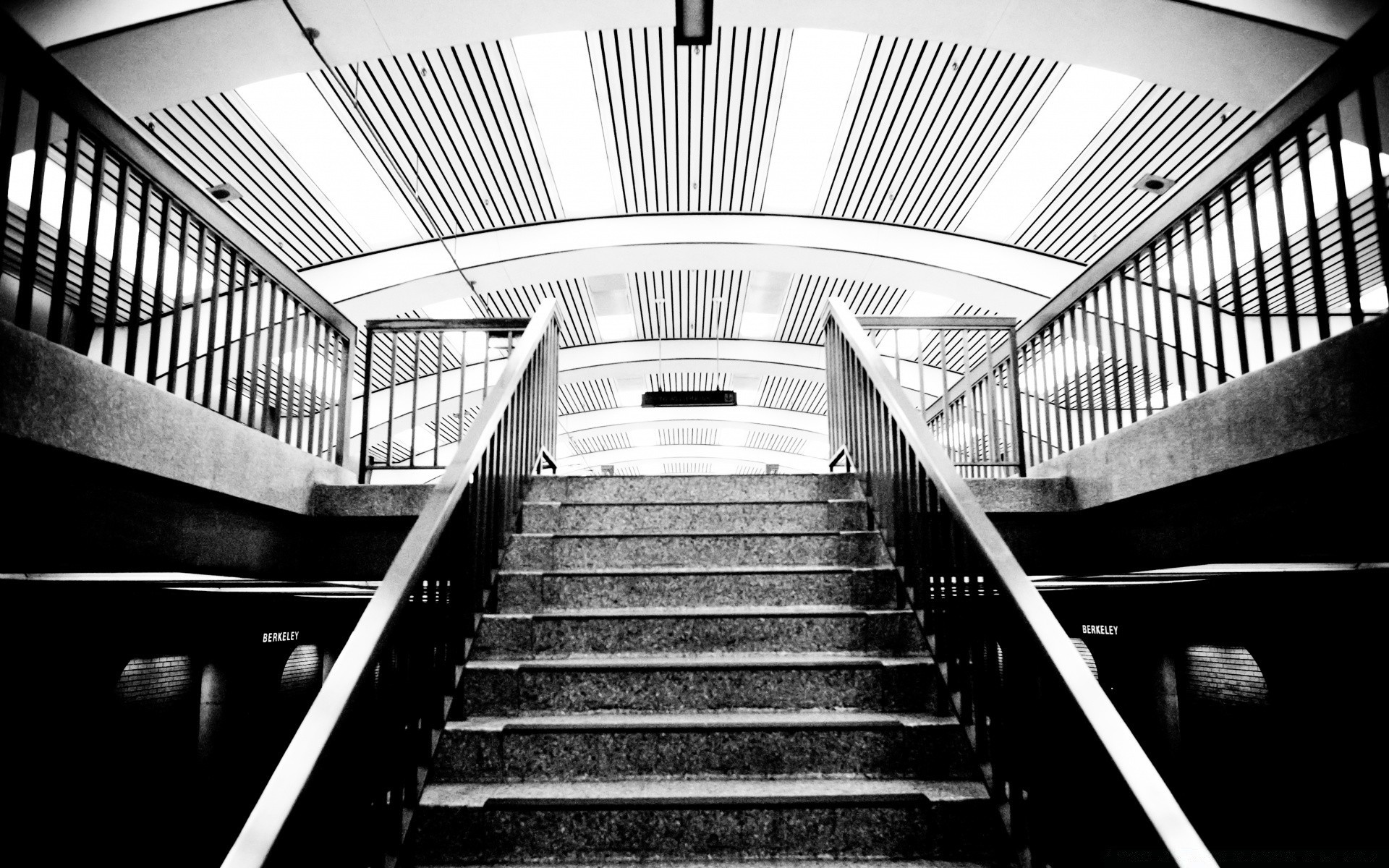 black and white step architecture monochrome indoors tube handrail perspective escalator inside building urban glass modern steel light expression city