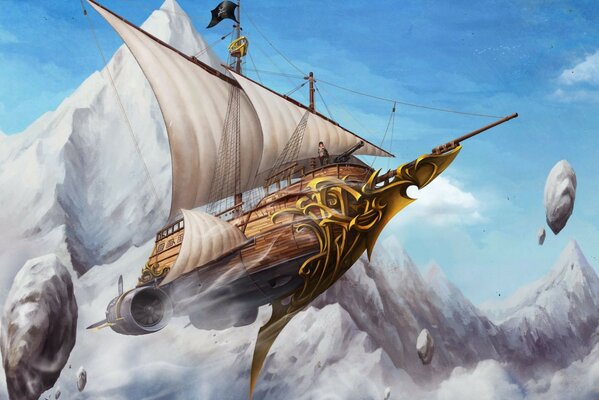 A fabulous ship is flying against the background of mountains