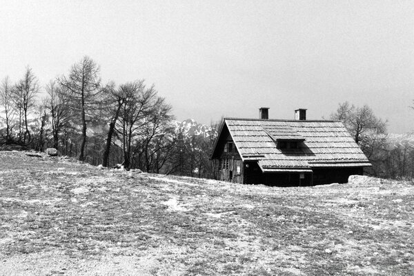 Paisagem rural de inverno preto e branco