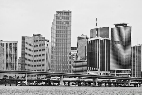 Black and white image of a city with skyscrapers