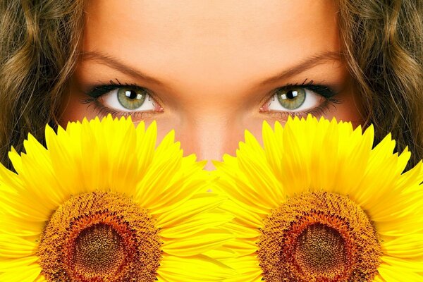 Die Augen sehen aus unter zwei Sonnenblumen. Ein Blick, der sich hinter Sonnenblumen verbirgt